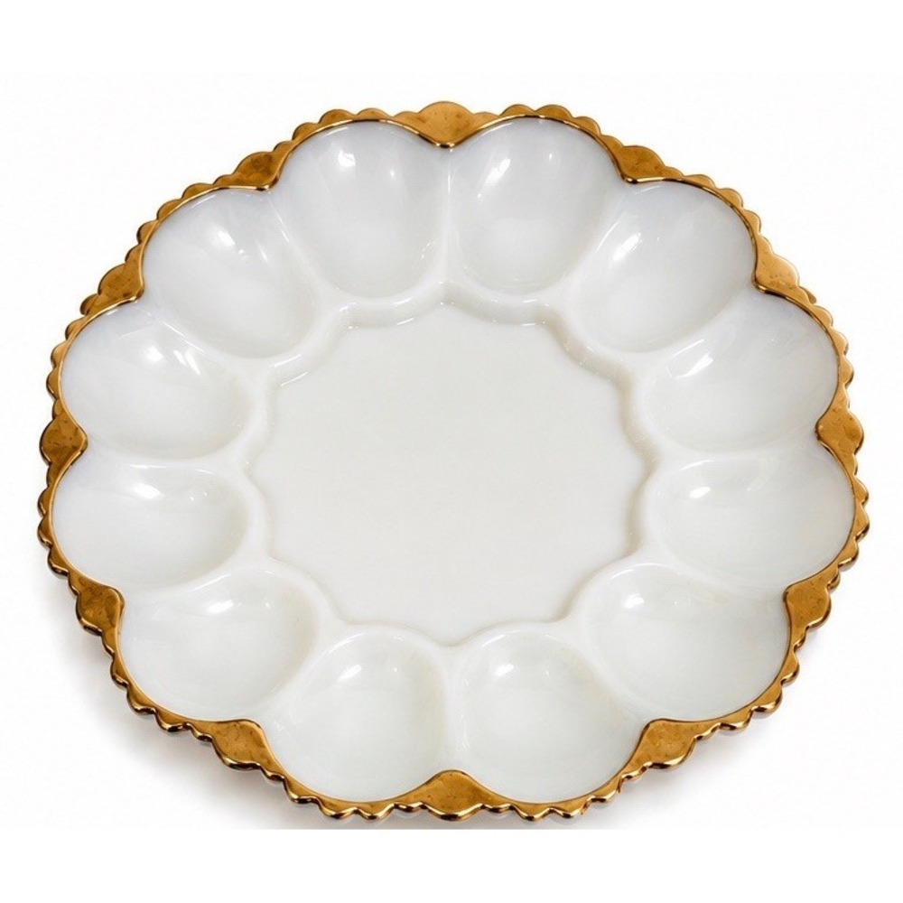 Vintage Milk Glass Deviled Egg Plate Gold Trim 10" Serving Platter Relish Tray